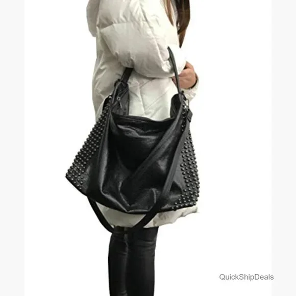 Soft Washed PU Leather Skull Chain Gothic Shoulder Bag Tote Satchel